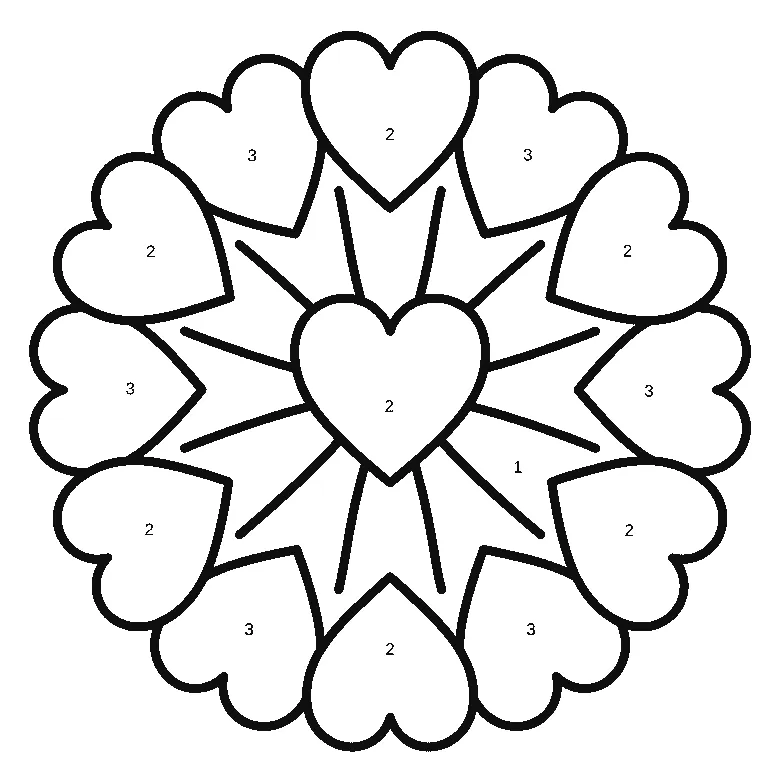 Mandala aus großen Herzformen um ein zentrales Herz, dessen vierzehn Flächen alle je eine gedruckte Ziffer in ihrer Mitte tragen, schwarze Umrisslinien auf Weiß.