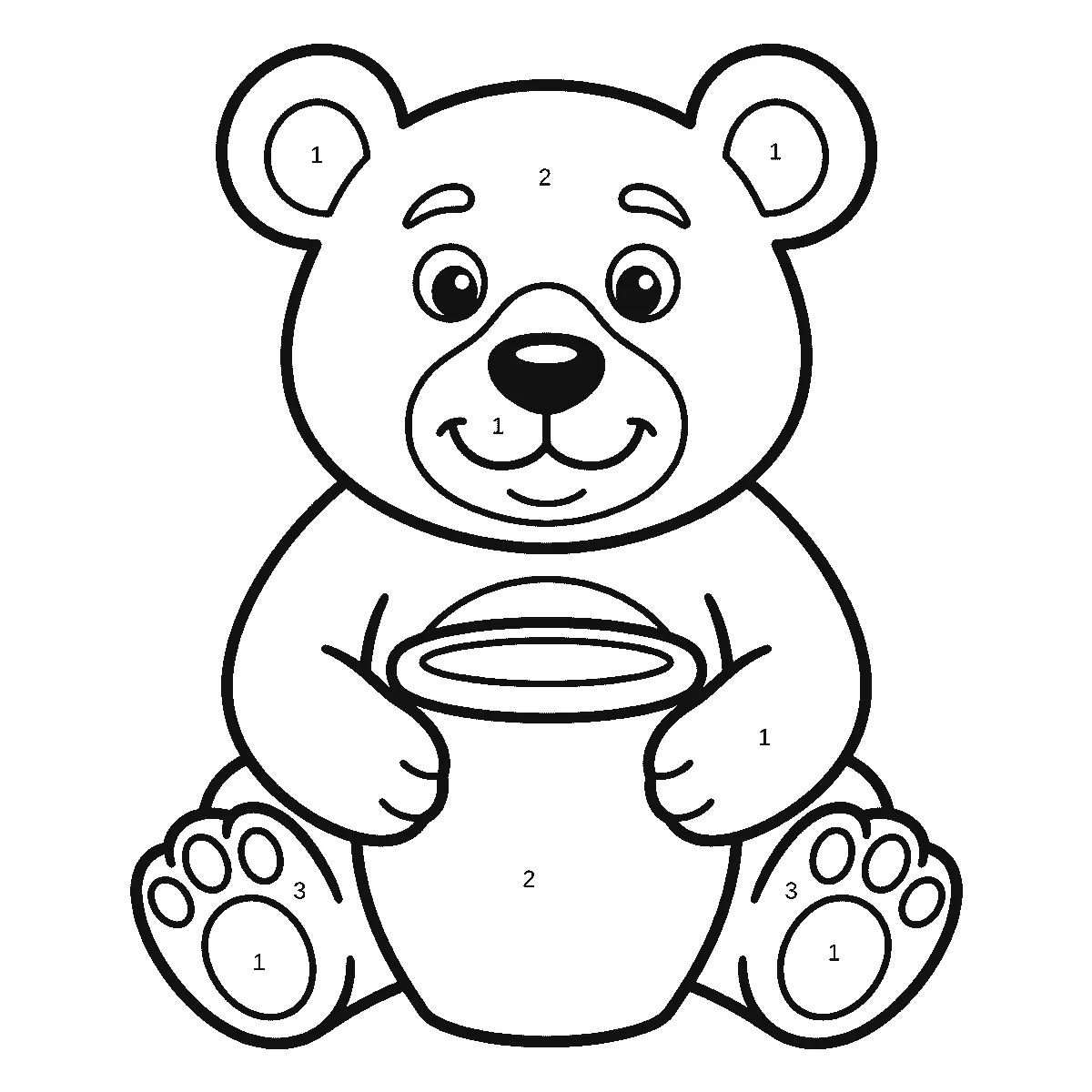 Sitzender Bär von vorne mit zwei runden Augen, der einen Honigtopf hält, mit zehn geschlossenen Flächen, die je eine gedruckte Ziffer in ihrer Mitte tragen, schwarze Umrisslinien auf Weiß.
