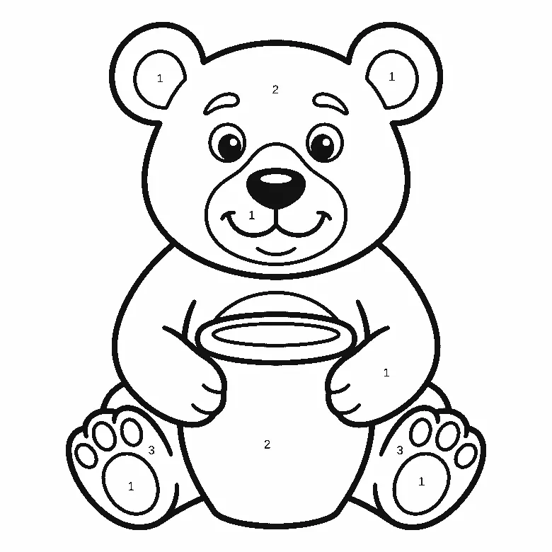 Sitzender Bär von vorne mit zwei runden Augen, der einen Honigtopf hält, mit zehn geschlossenen Flächen, die je eine gedruckte Ziffer in ihrer Mitte tragen, schwarze Umrisslinien auf Weiß.