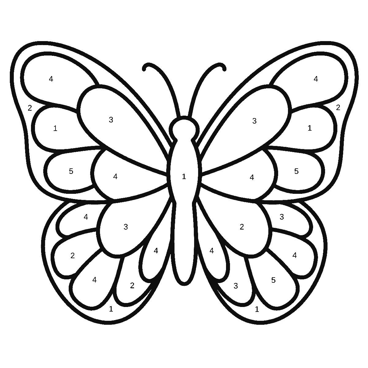 Schmetterling von oben mit weit geöffneten, spiegelgleichen Flügeln, jeder Flügel durch dicke schwarze Linien in große abgerundete Einzelfelder geteilt, länglicher Körper und zwei gebogene Fühler, schwarze Umrisslinien auf Weiß