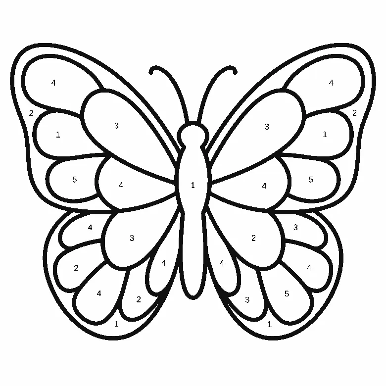 Schmetterling von oben mit weit geöffneten, spiegelgleichen Flügeln, jeder Flügel durch dicke schwarze Linien in große abgerundete Einzelfelder geteilt, länglicher Körper und zwei gebogene Fühler, schwarze Umrisslinien auf Weiß