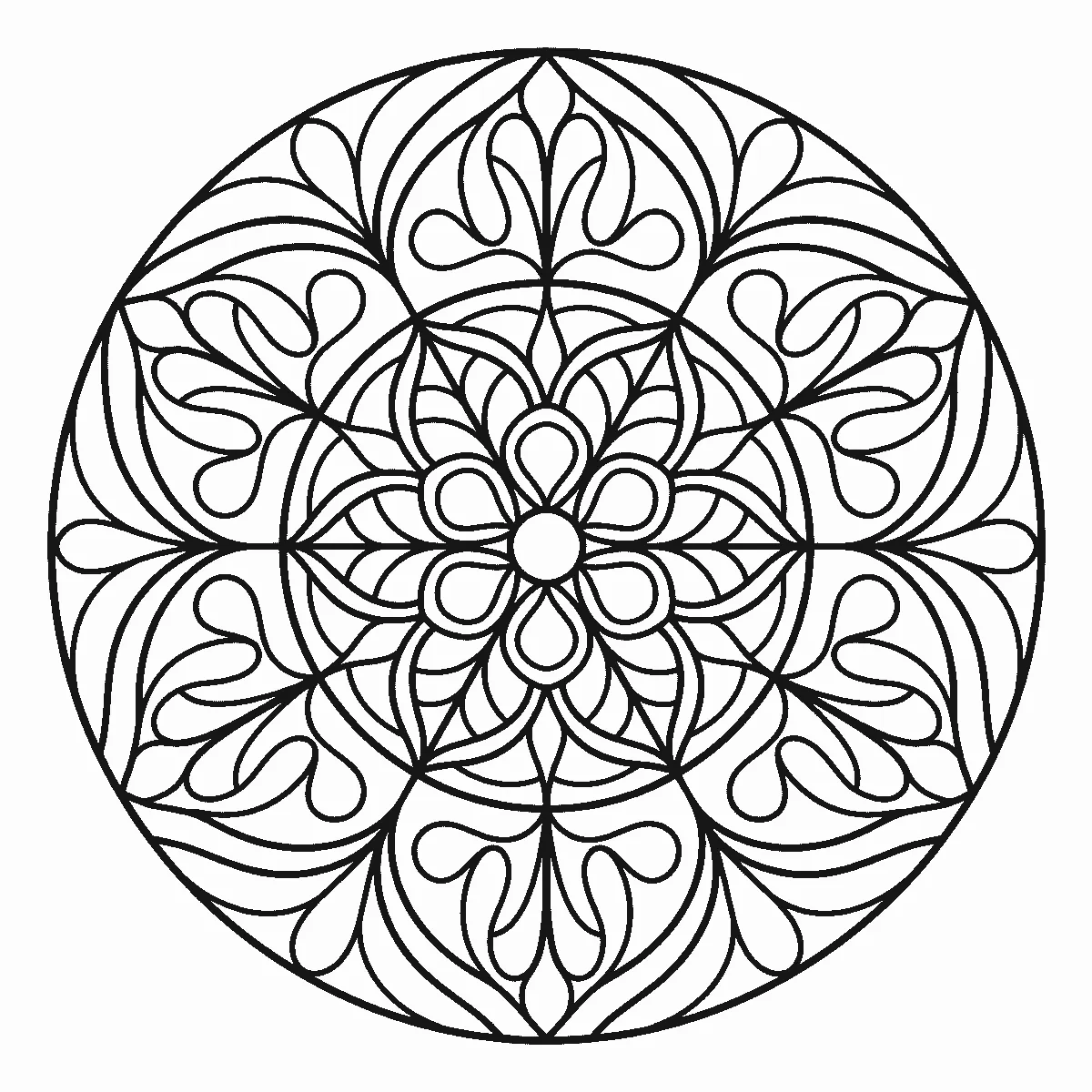 Mandala aus geschwungenen Tropfen- und Blattformen mit eingerollten Enden in sechsfacher Spiegelung, schwarze Umrisslinien auf Weiß