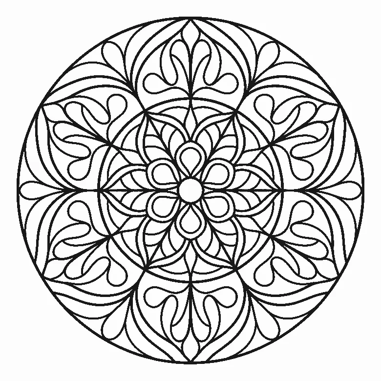 Mandala aus geschwungenen Tropfen- und Blattformen mit eingerollten Enden in sechsfacher Spiegelung, schwarze Umrisslinien auf Weiß