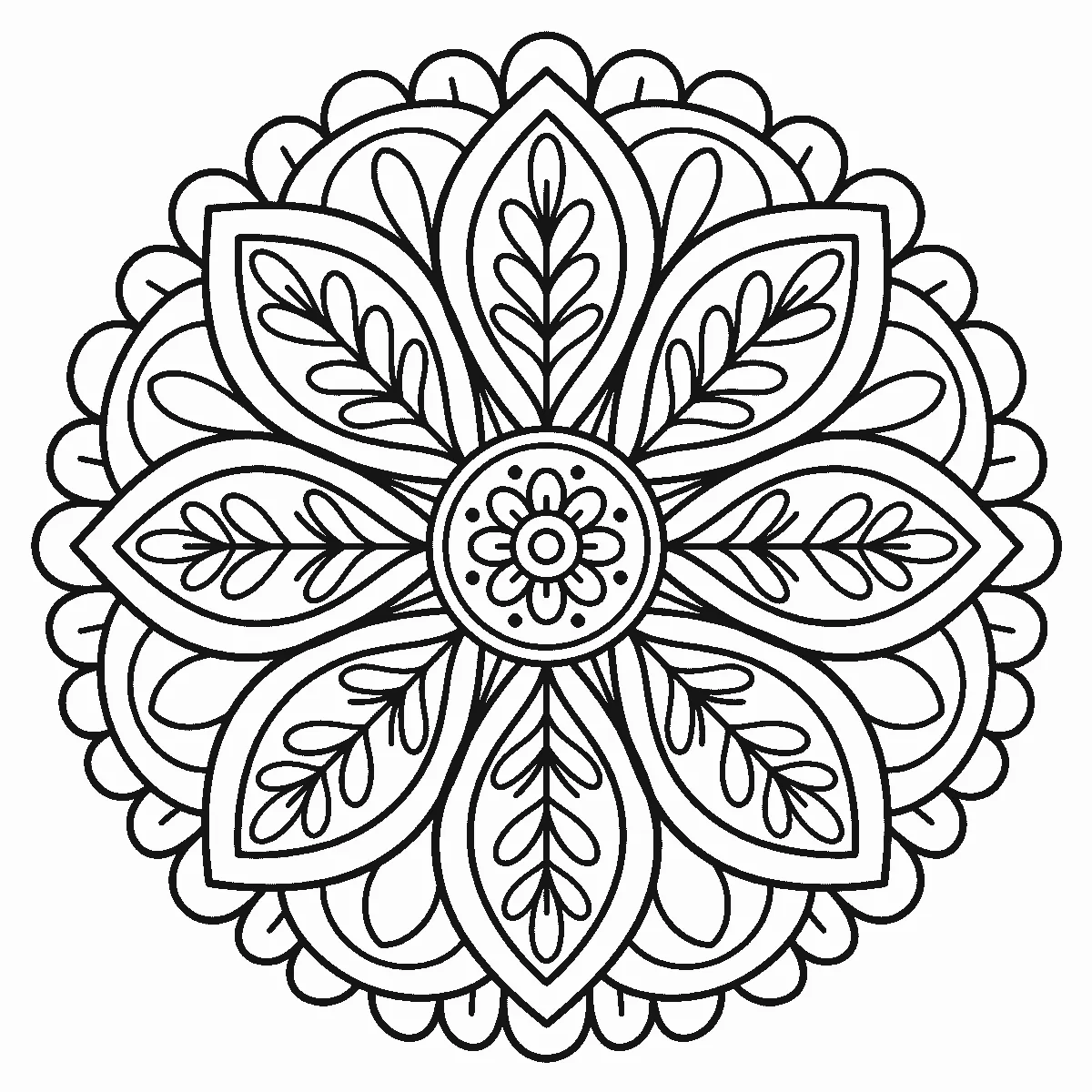 Mandala mit acht gleichen Blütenblättern in rundem Aufbau, schwarze Umrisslinien auf Weiß