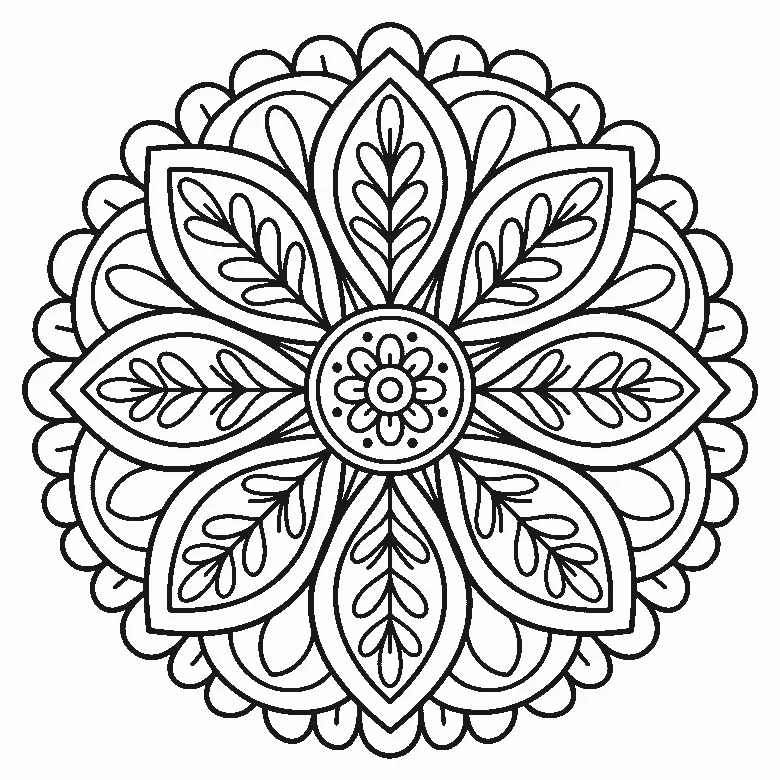 Mandala mit acht gleichen Blütenblättern in rundem Aufbau, schwarze Umrisslinien auf Weiß