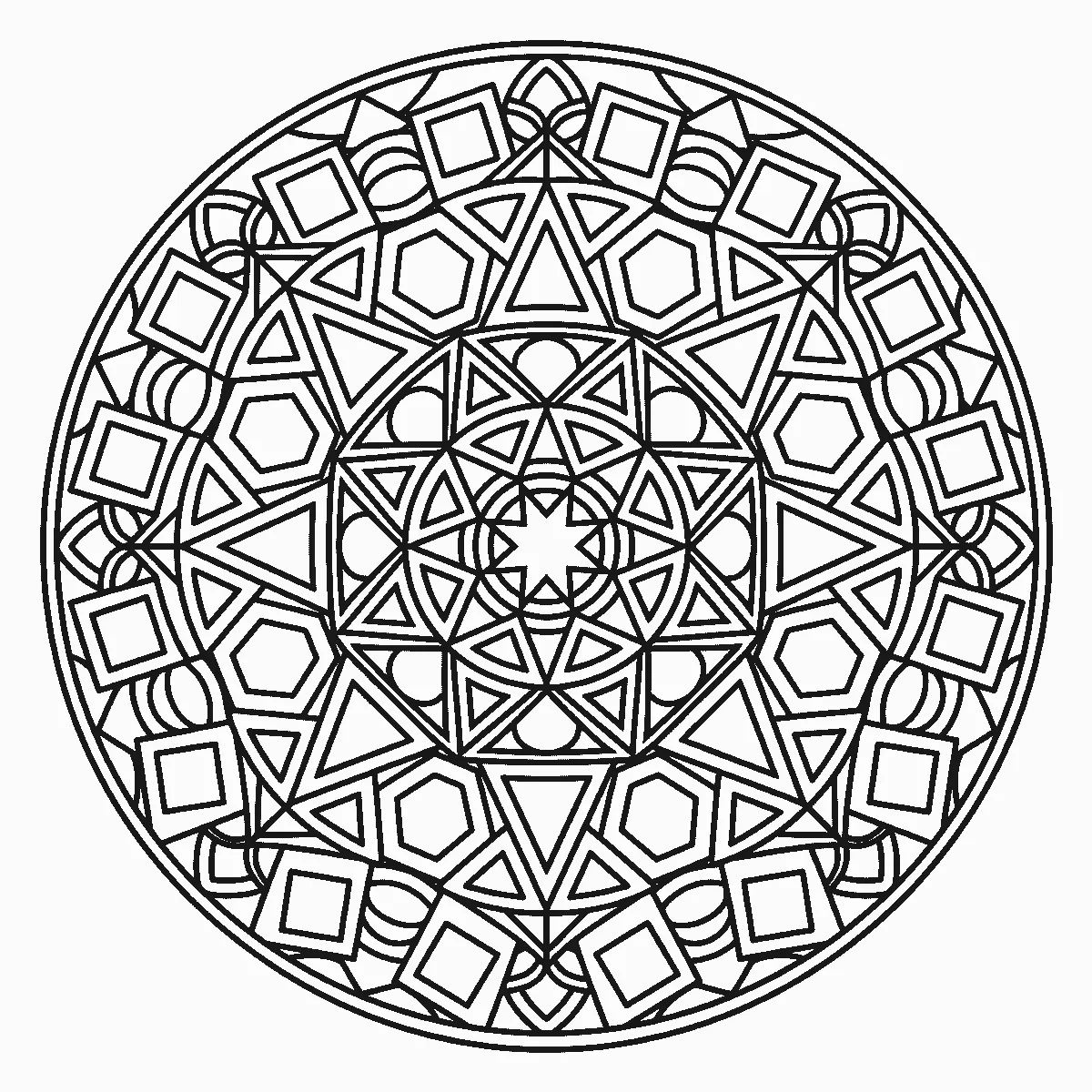 Mandala aus Quadraten, Dreiecken, Sechsecken und Fünfecken in konzentrischen Ringen um einen achtstrahligen Stern, schwarze Umrisslinien auf Weiß