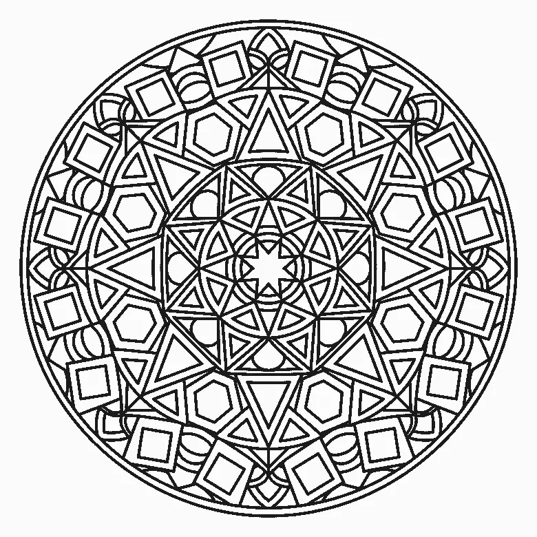 Mandala aus Quadraten, Dreiecken, Sechsecken und Fünfecken in konzentrischen Ringen um einen achtstrahligen Stern, schwarze Umrisslinien auf Weiß
