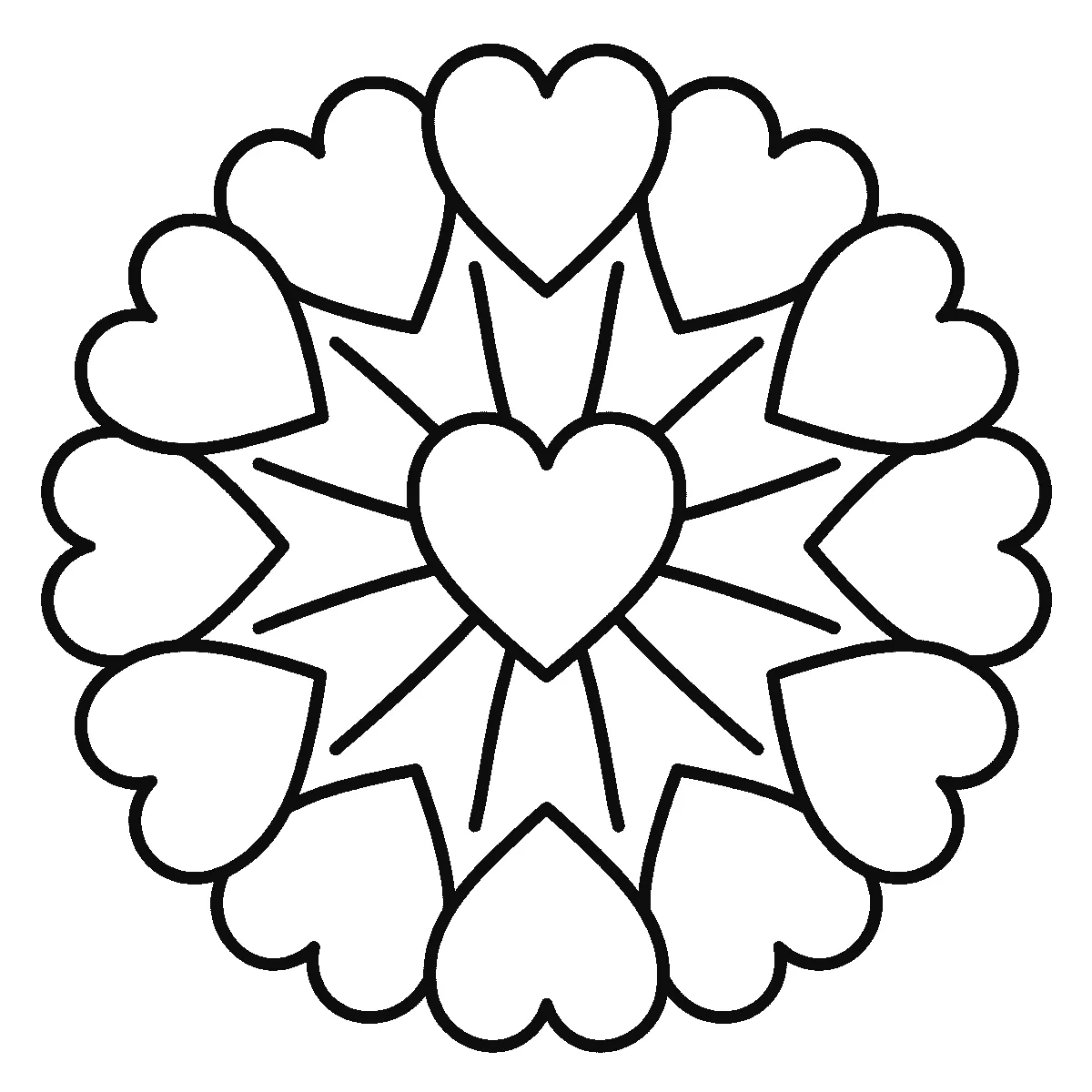Mandala aus großen Herzformen um ein zentrales Herz, schwarze Umrisslinien auf Weiß