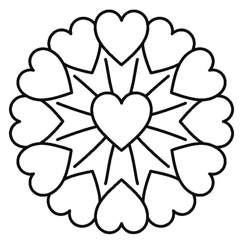 Mandala aus großen Herzformen um ein zentrales Herz, schwarze Umrisslinien auf Weiß