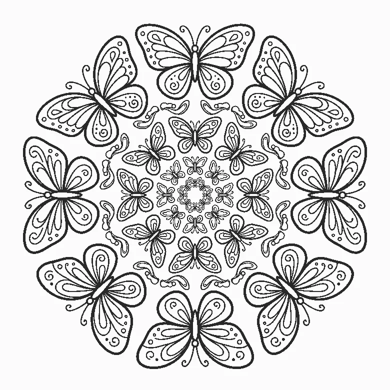 Mandala aus großen Schmetterlingsflügel-Formen in symmetrischem, rundem Aufbau, schwarze Umrisslinien auf Weiß