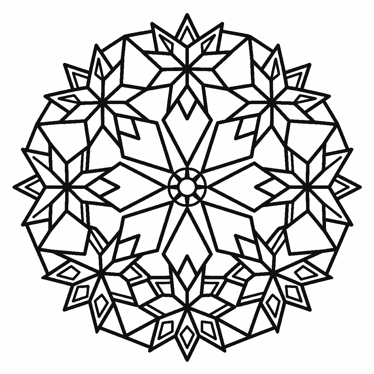 Mandala aus großen Sternformen in achtstrahligem Aufbau, schwarze Umrisslinien auf Weiß