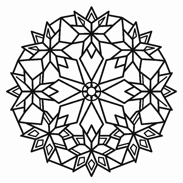 Mandala aus großen Sternformen in achtstrahligem Aufbau, schwarze Umrisslinien auf Weiß