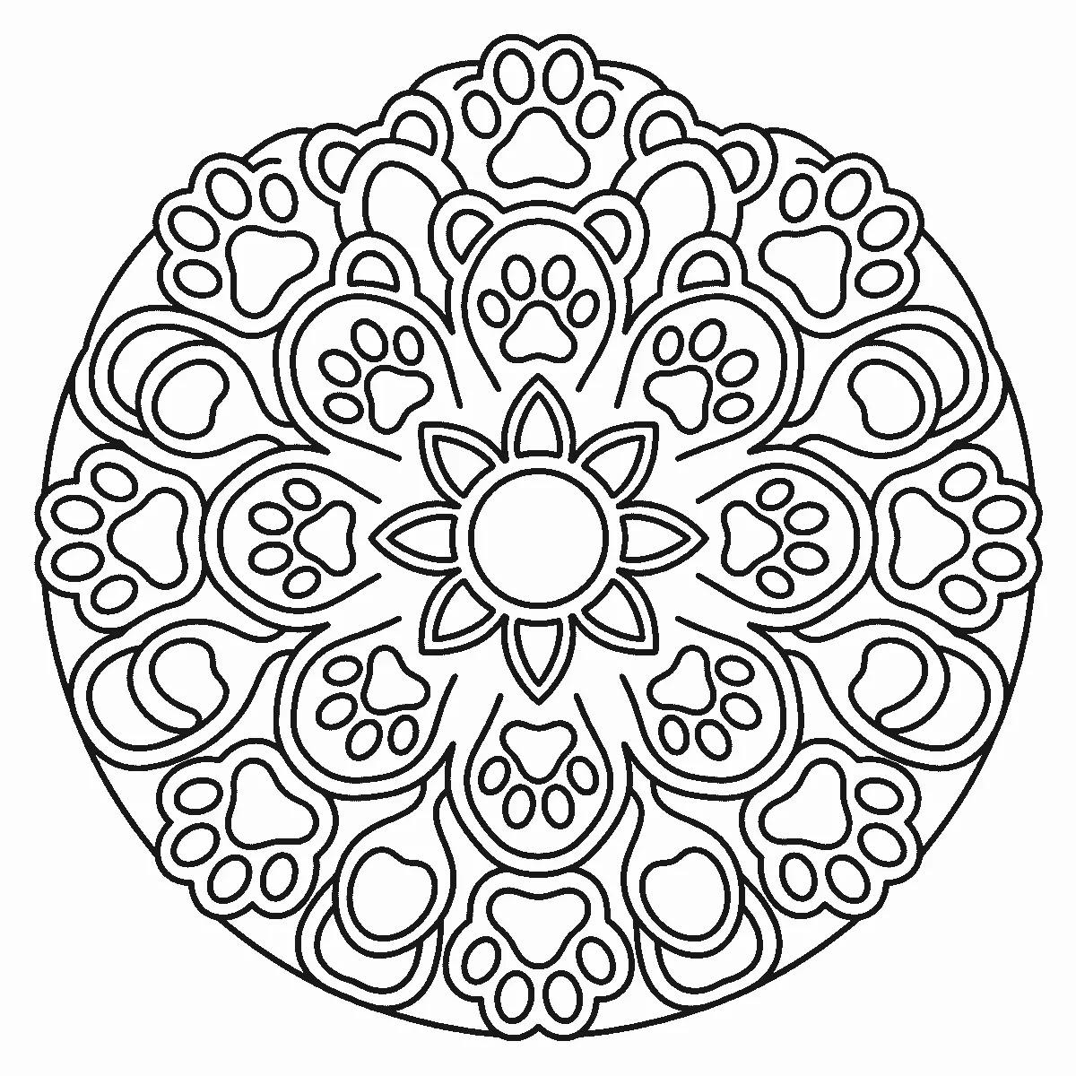 Mandala aus Pfoten- und Ohrenmotiven in rundem, achtfach gespiegeltem Aufbau, schwarze Umrisslinien auf Weiß
