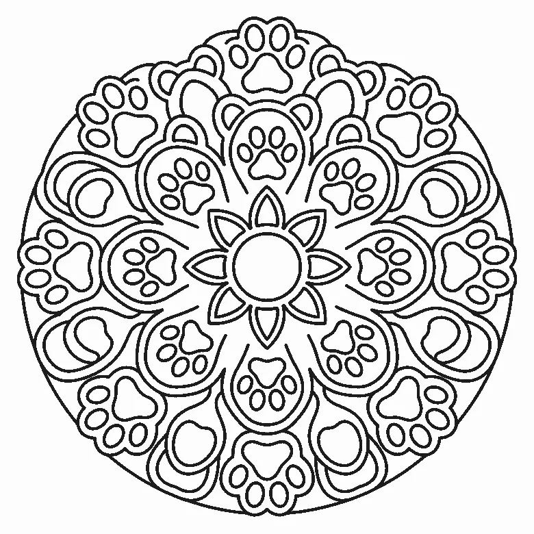 Mandala aus Pfoten- und Ohrenmotiven in rundem, achtfach gespiegeltem Aufbau, schwarze Umrisslinien auf Weiß