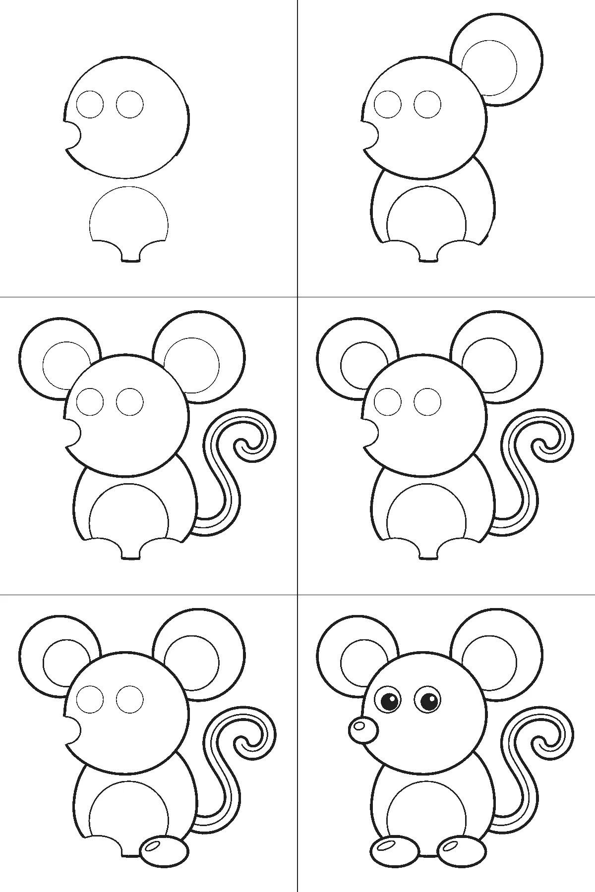 Schritt-für-Schritt-Blatt mit sechs nummerierten Feldern: eine sitzende Maus von vorn, mit zwei sehr großen runden Ohren, runder Nase an der Seite, rundem Bauchfeld, zwei ovalen Füßen und einem langen Schwanz, der sich zu einer Spirale einrollt. Jedes Feld übernimmt die Linien des vorherigen und fügt neue hinzu, schwarze Linien auf weißem Grund.