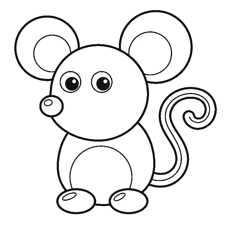Schritt-für-Schritt-Blatt mit sechs nummerierten Feldern: eine sitzende Maus von vorn, mit zwei sehr großen runden Ohren, runder Nase an der Seite, rundem Bauchfeld, zwei ovalen Füßen und einem langen Schwanz, der sich zu einer Spirale einrollt. Jedes Feld übernimmt die Linien des vorherigen und fügt neue hinzu, schwarze Linien auf weißem Grund.