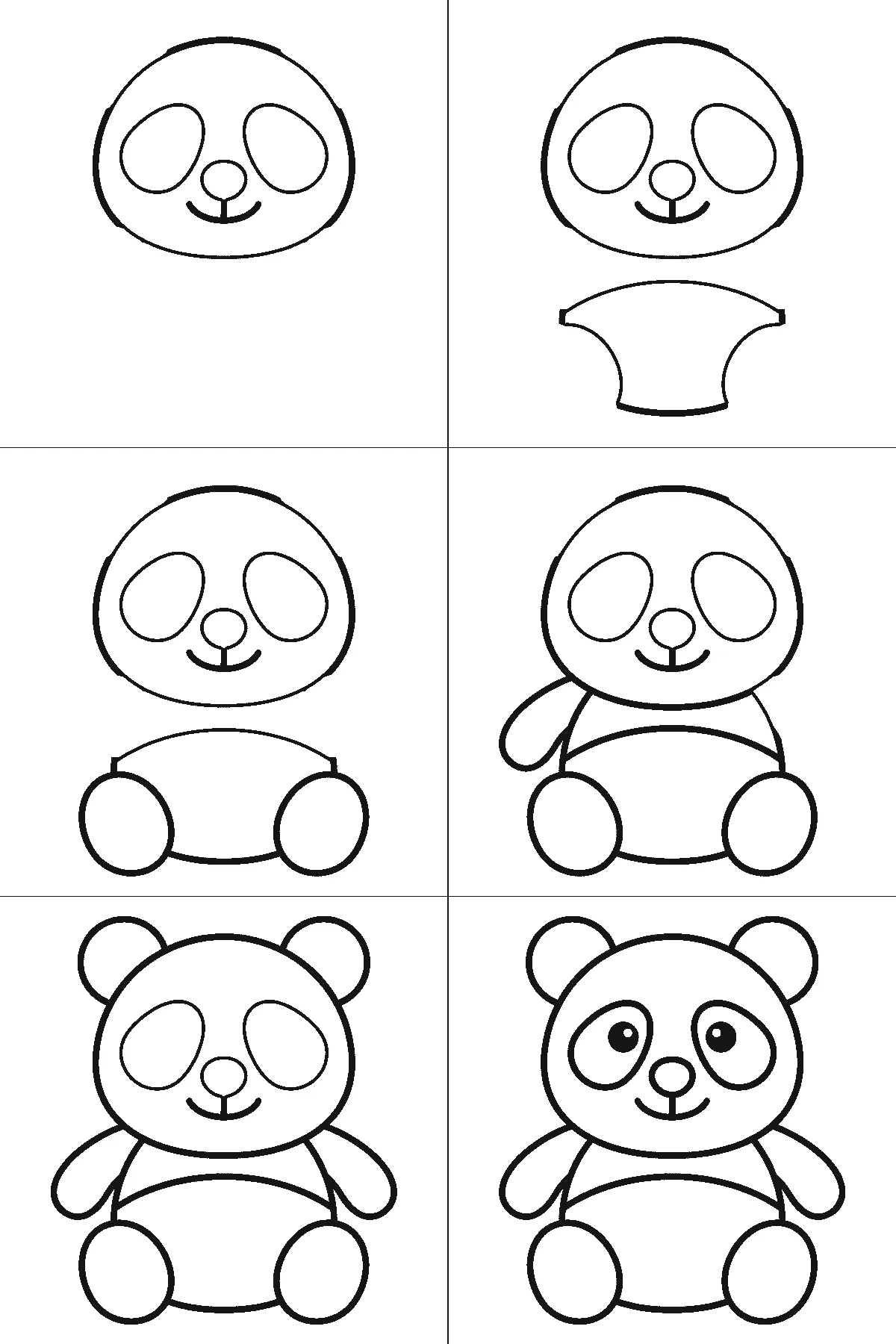 Schritt-für-Schritt-Blatt mit sechs nummerierten Feldern: ein sitzender Panda von vorn, mit zwei runden Ohren, zwei großen tropfenförmigen Augenflecken, ovaler Nase, Bauchfeld, zwei Armen und zwei Beinen. Jedes Feld übernimmt die Linien des vorherigen und fügt neue hinzu, schwarze Linien auf weißem Grund.