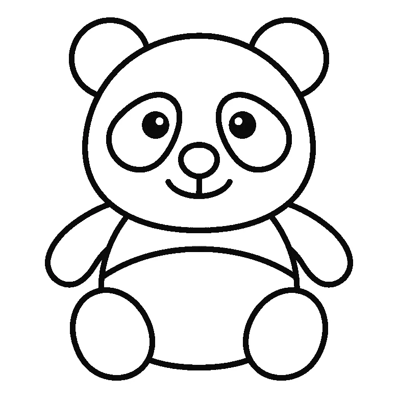 Schritt-für-Schritt-Blatt mit sechs nummerierten Feldern: ein sitzender Panda von vorn, mit zwei runden Ohren, zwei großen tropfenförmigen Augenflecken, ovaler Nase, Bauchfeld, zwei Armen und zwei Beinen. Jedes Feld übernimmt die Linien des vorherigen und fügt neue hinzu, schwarze Linien auf weißem Grund.