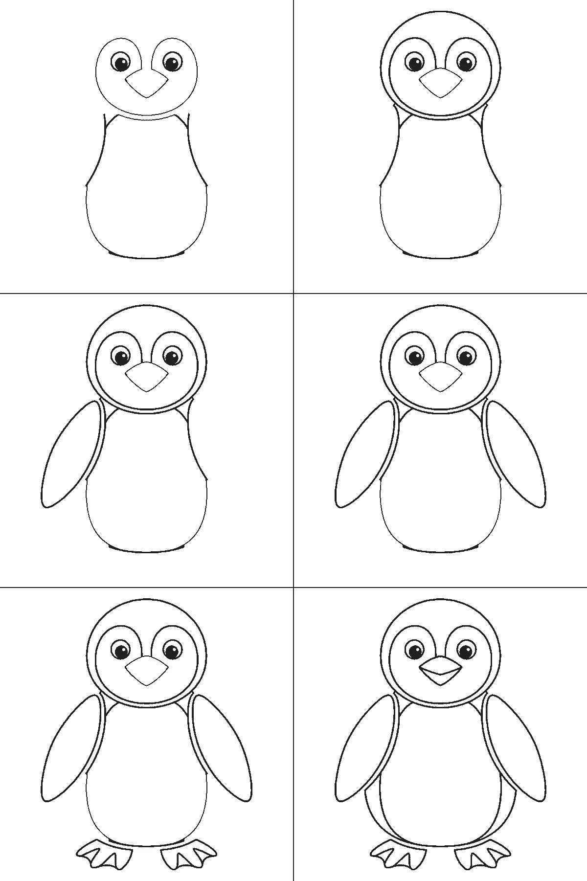 Schritt-für-Schritt-Blatt mit sechs nummerierten Feldern: ein aufrecht stehender Pinguin von vorn, mit rundem Kopf, hellem Gesichtsfeld, dreieckigem Schnabel, zwei Flügeln und zwei Schwimmfüßen. Jedes Feld übernimmt die Linien des vorherigen und fügt neue hinzu, schwarze Linien auf weißem Grund.