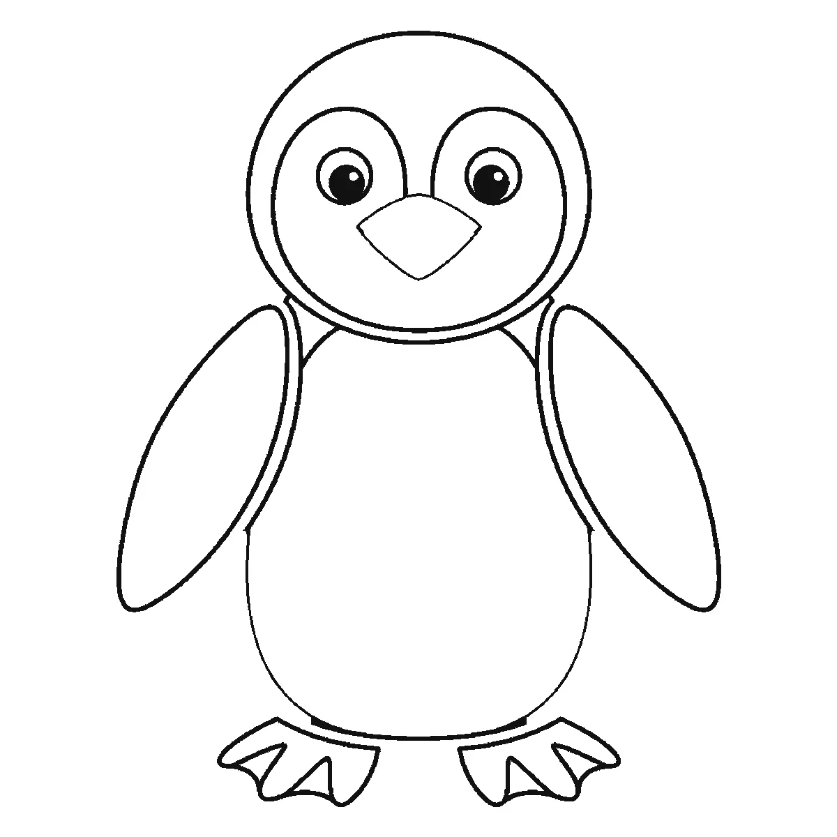 Schritt 5 von 6 — Zeichnung eines Pinguins, schwarze Linien auf weißem Grund