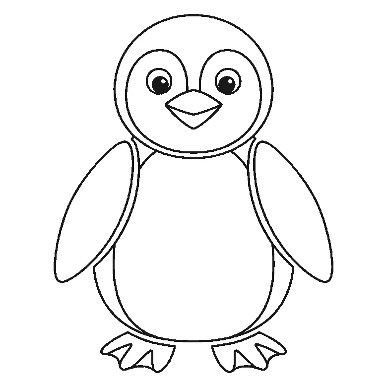 Schritt-für-Schritt-Blatt mit sechs nummerierten Feldern: ein aufrecht stehender Pinguin von vorn, mit rundem Kopf, hellem Gesichtsfeld, dreieckigem Schnabel, zwei Flügeln und zwei Schwimmfüßen. Jedes Feld übernimmt die Linien des vorherigen und fügt neue hinzu, schwarze Linien auf weißem Grund.