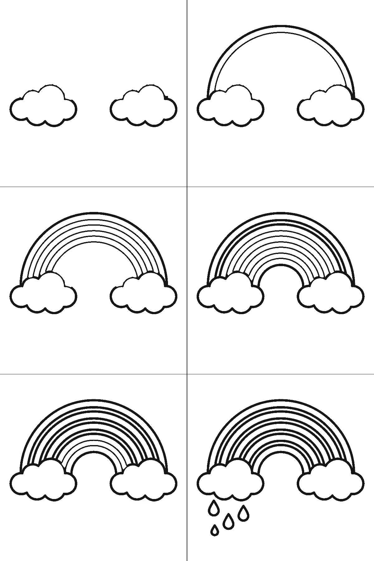 Schritt-für-Schritt-Blatt mit sechs nummerierten Feldern: ein Regenbogen aus mehreren Bögen zwischen zwei runden Wolken, mit Tropfen unter der linken Wolke. Jedes Feld übernimmt die Linien des vorherigen und fügt neue hinzu, schwarze Linien auf weißem Grund.
