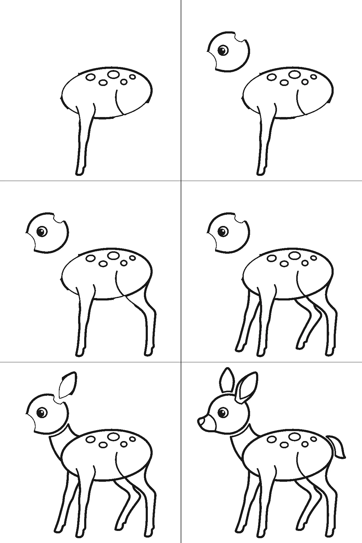 Schritt-für-Schritt-Blatt mit sechs nummerierten Feldern: ein junges Reh im Profil mit zwei hohen Ohren, hellem Maulfeld, runden Flecken auf Rücken und Flanke, vier schlanken Beinen und kurzem Schwanz. Jedes Feld übernimmt die Linien des vorherigen und fügt neue hinzu, schwarze Linien auf weißem Grund.