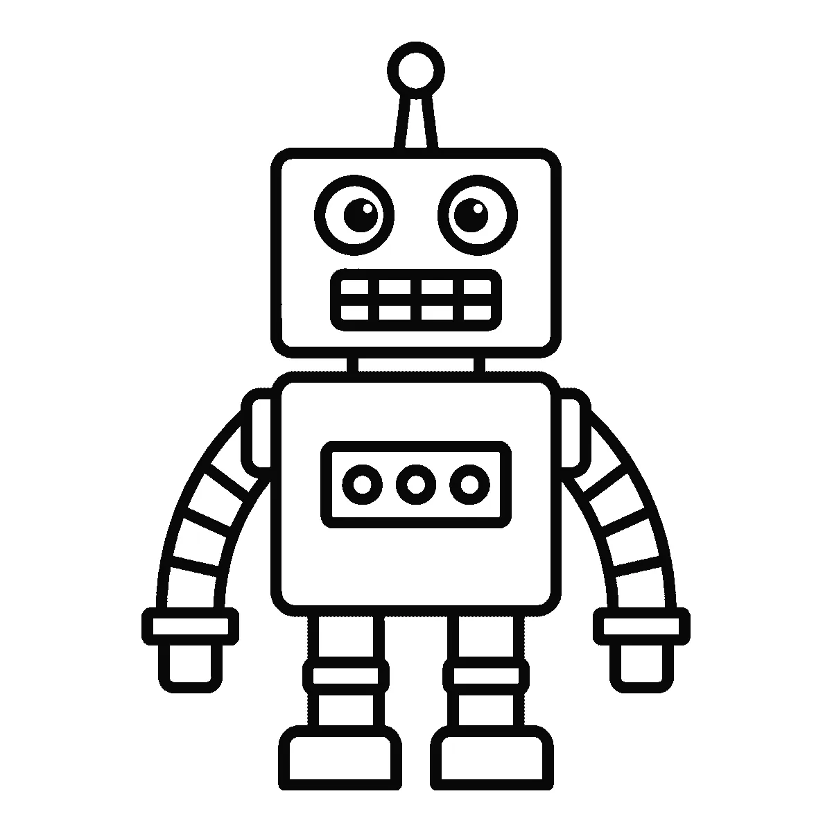 Schritt 6 von 6 — Zeichnung eines Roboters, schwarze Linien auf weißem Grund