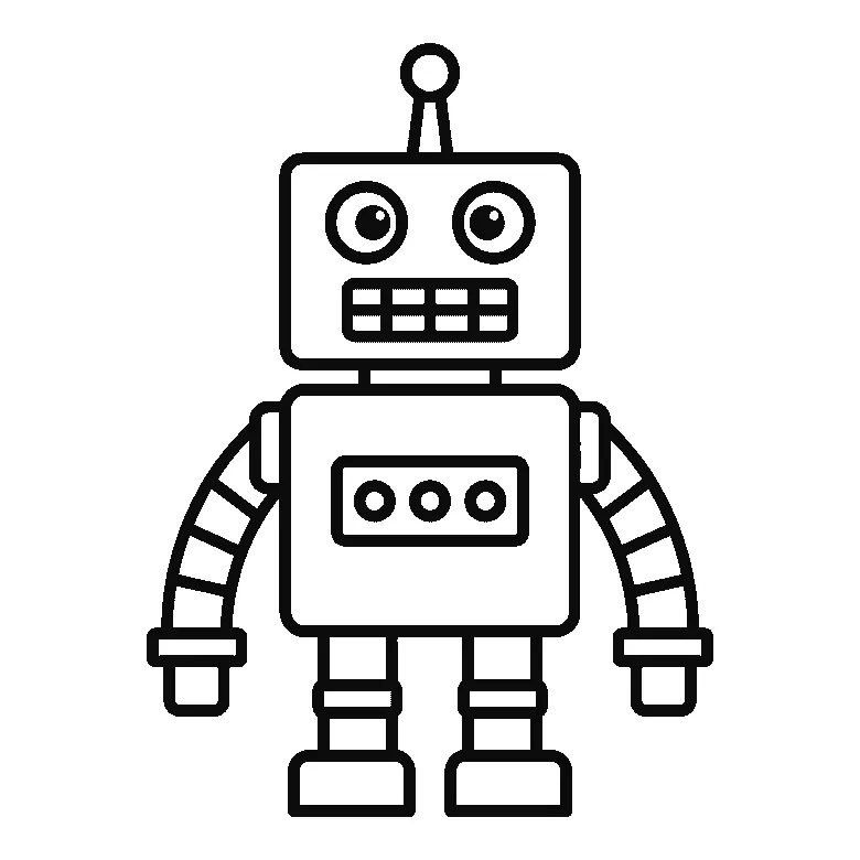 Schritt-für-Schritt-Blatt mit sechs nummerierten Feldern: ein Roboter von vorn mit eckigem Kopf, zwei runden Augen, gerastertem Mund, Antenne mit Kugel, Bedienfeld mit runden Knöpfen, zwei gegliederten Armen und zwei Beinen mit Füßen. Jedes Feld übernimmt die Linien des vorherigen und fügt neue hinzu, schwarze Linien auf weißem Grund.