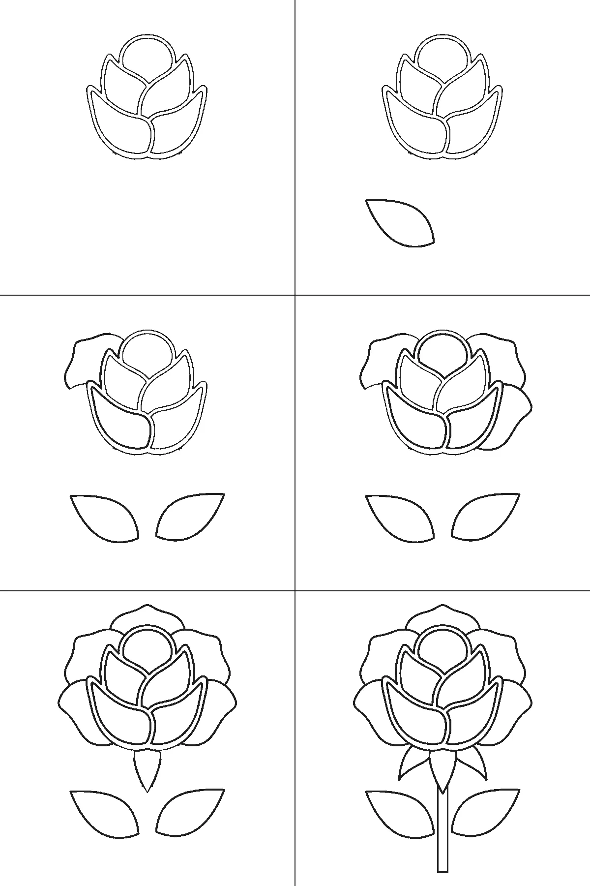 Schritt-für-Schritt-Blatt mit sechs nummerierten Feldern: eine geöffnete Rosenblüte auf geradem Stiel, mit runder Knospenmitte, spitzen Innenblättern, breiten Außenblättern, Kelchblättern und zwei Laubblättern. Jedes Feld übernimmt die Linien des vorherigen und fügt neue hinzu, schwarze Linien auf weißem Grund.