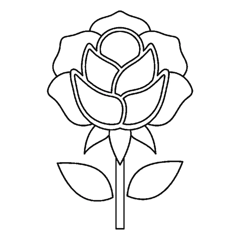 Schritt-für-Schritt-Blatt mit sechs nummerierten Feldern: eine geöffnete Rosenblüte auf geradem Stiel, mit runder Knospenmitte, spitzen Innenblättern, breiten Außenblättern, Kelchblättern und zwei Laubblättern. Jedes Feld übernimmt die Linien des vorherigen und fügt neue hinzu, schwarze Linien auf weißem Grund.