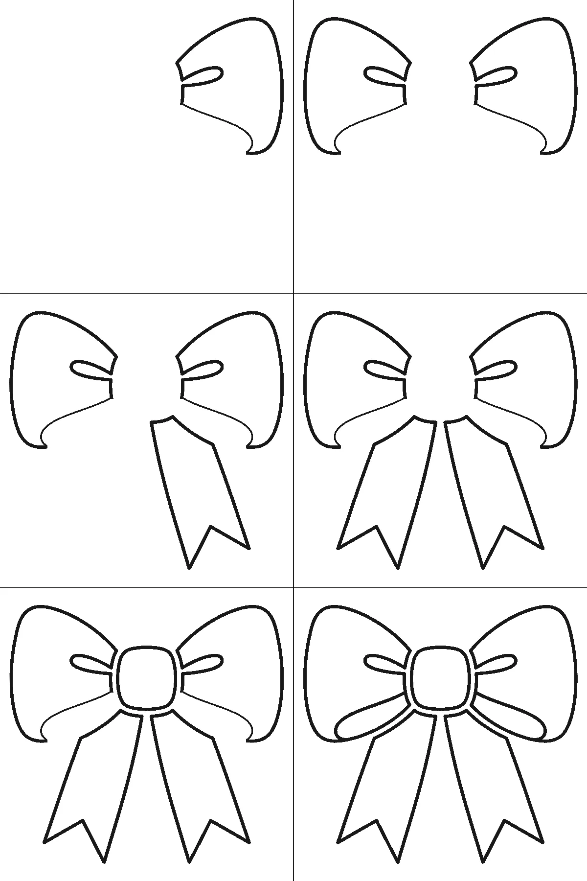 Schritt-für-Schritt-Blatt mit sechs nummerierten Feldern: eine Schleife von vorn mit zwei breiten Schlaufen, je einem inneren Faltenfeld, einem Knotenband in der Mitte und zwei langen Bändern mit eingeschnittenen Enden. Jedes Feld übernimmt die Linien des vorherigen und fügt neue hinzu, schwarze Linien auf weißem Grund.