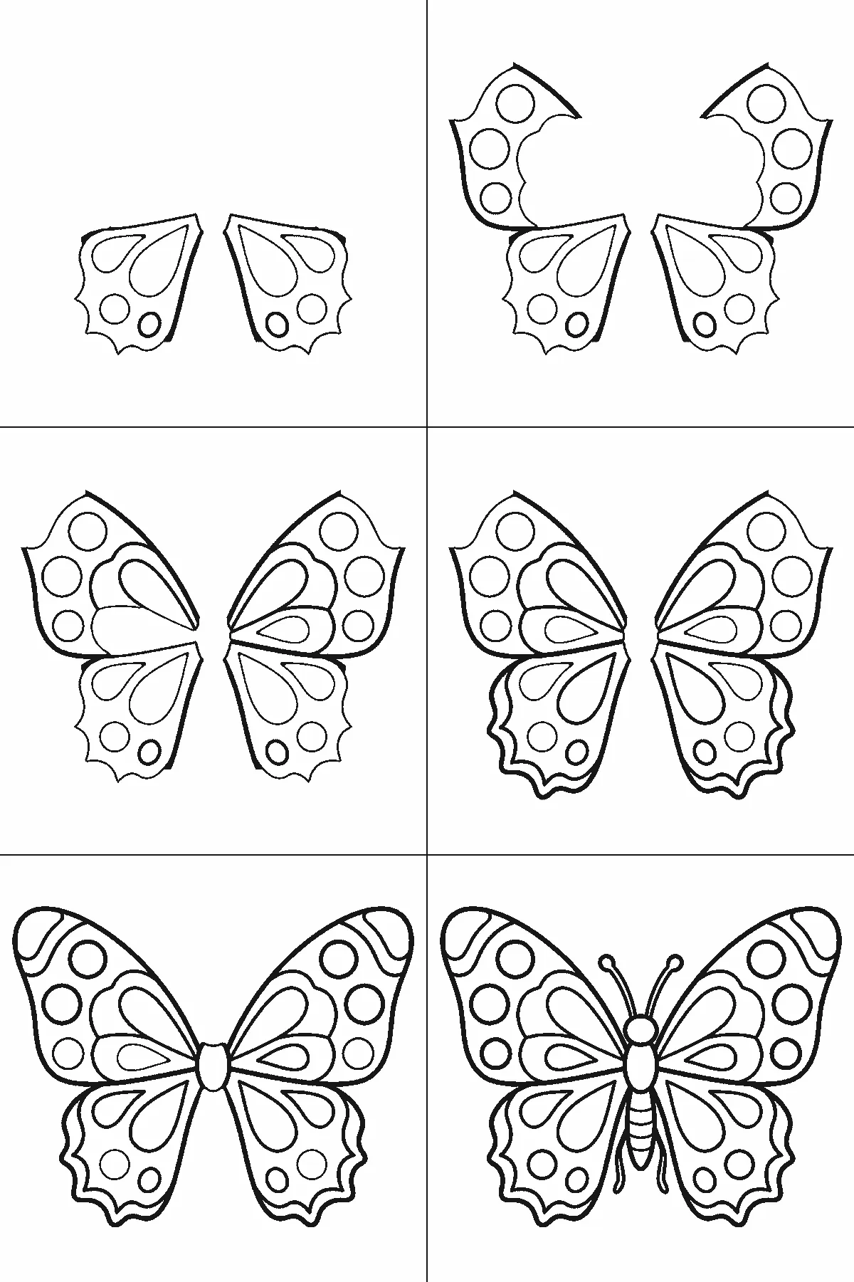 Schritt-für-Schritt-Blatt mit sechs nummerierten Feldern: ein Schmetterling von oben mit weit geöffneten, spiegelgleichen Flügeln voller runder und tropfenförmiger Musterflächen. Jedes Feld übernimmt die Linien des vorherigen und fügt neue hinzu, schwarze Linien auf weißem Grund.