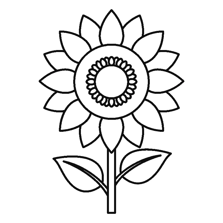 Schritt-für-Schritt-Blatt mit sechs nummerierten Feldern: eine Sonnenblume von vorn mit großer runder Mitte, innerem Samenring, einem Kranz spitzer Blütenblätter, geradem Stängel und zwei breiten Blättern mit Mittelrippe. Jedes Feld übernimmt die Linien des vorherigen und fügt neue hinzu, schwarze Linien auf weißem Grund.