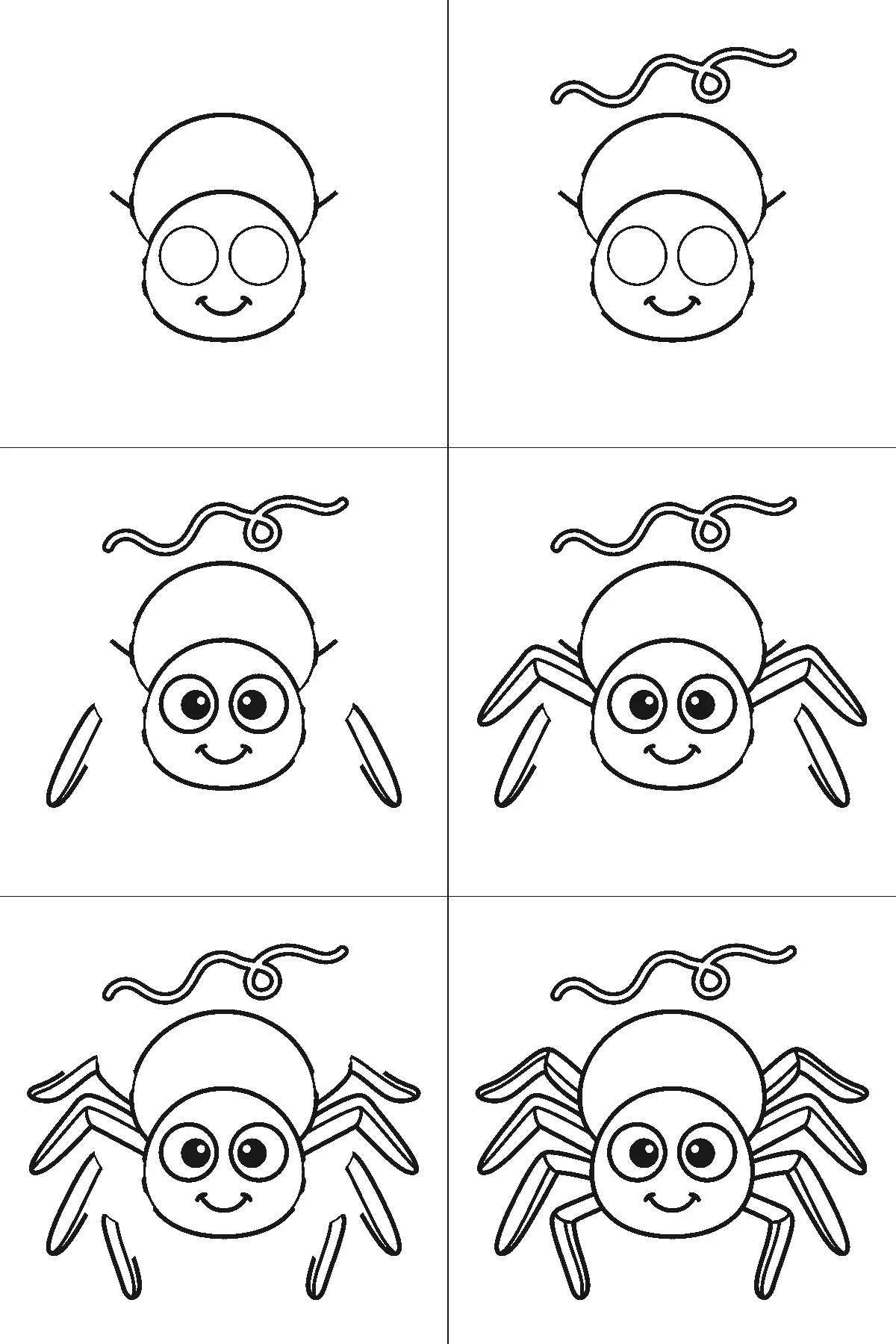 Schritt-für-Schritt-Blatt mit sechs nummerierten Feldern: eine freundliche Spinne von vorn mit rundem Vorderkörper, zwei großen Augen, rundem Hinterleib, acht einzeln gezeichneten Beinen und einem Spinnfaden darüber. Jedes Feld übernimmt die Linien des vorherigen und fügt neue hinzu, schwarze Linien auf weißem Grund.
