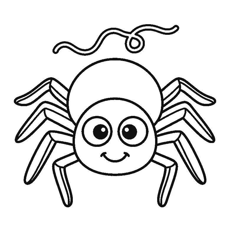 Schritt-für-Schritt-Blatt mit sechs nummerierten Feldern: eine freundliche Spinne von vorn mit rundem Vorderkörper, zwei großen Augen, rundem Hinterleib, acht einzeln gezeichneten Beinen und einem Spinnfaden darüber. Jedes Feld übernimmt die Linien des vorherigen und fügt neue hinzu, schwarze Linien auf weißem Grund.