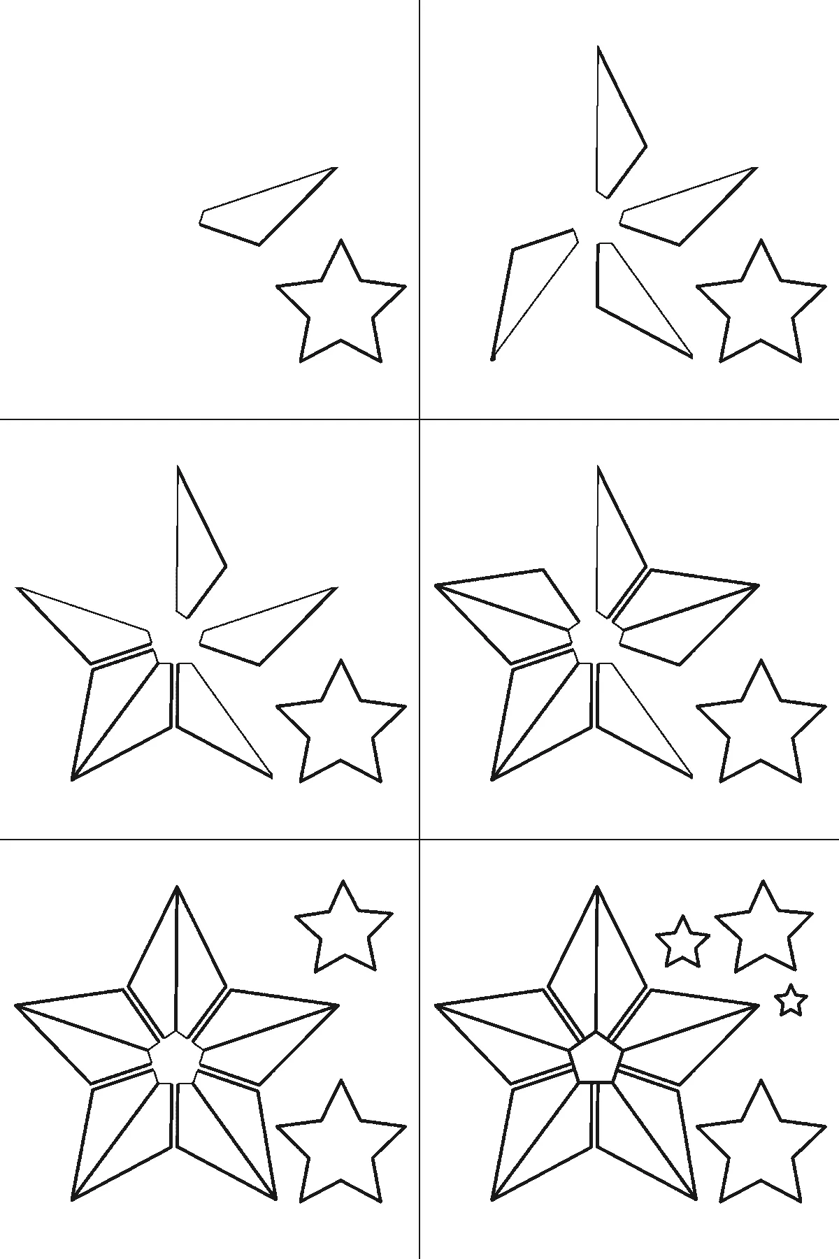 Schritt-für-Schritt-Blatt mit sechs nummerierten Feldern: ein großer fünfzackiger Stern, dessen Fläche in Facetten um ein kleines Fünfeck geteilt ist, daneben kleinere Sterne. Jedes Feld übernimmt die Linien des vorherigen und fügt neue hinzu, schwarze Linien auf weißem Grund.