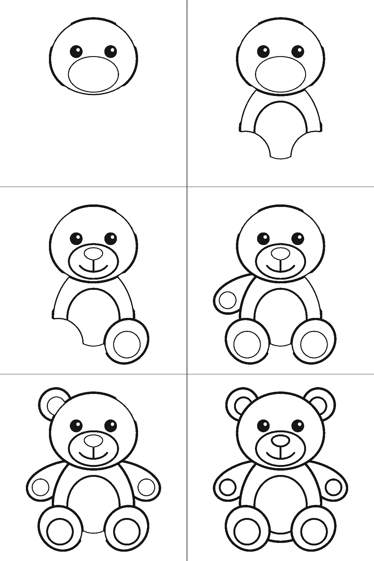 Schritt-für-Schritt-Blatt mit sechs nummerierten Feldern: ein sitzender Teddybär von vorn, mit zwei runden Ohren, rundem Schnauzenfeld mit Nase, Bauchfeld und runden Ballen an Armen und Beinen. Jedes Feld übernimmt die Linien des vorherigen und fügt neue hinzu, schwarze Linien auf weißem Grund.
