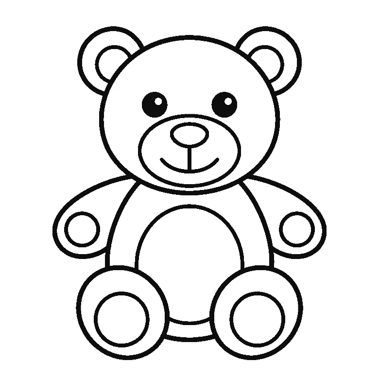 Schritt-für-Schritt-Blatt mit sechs nummerierten Feldern: ein sitzender Teddybär von vorn, mit zwei runden Ohren, rundem Schnauzenfeld mit Nase, Bauchfeld und runden Ballen an Armen und Beinen. Jedes Feld übernimmt die Linien des vorherigen und fügt neue hinzu, schwarze Linien auf weißem Grund.