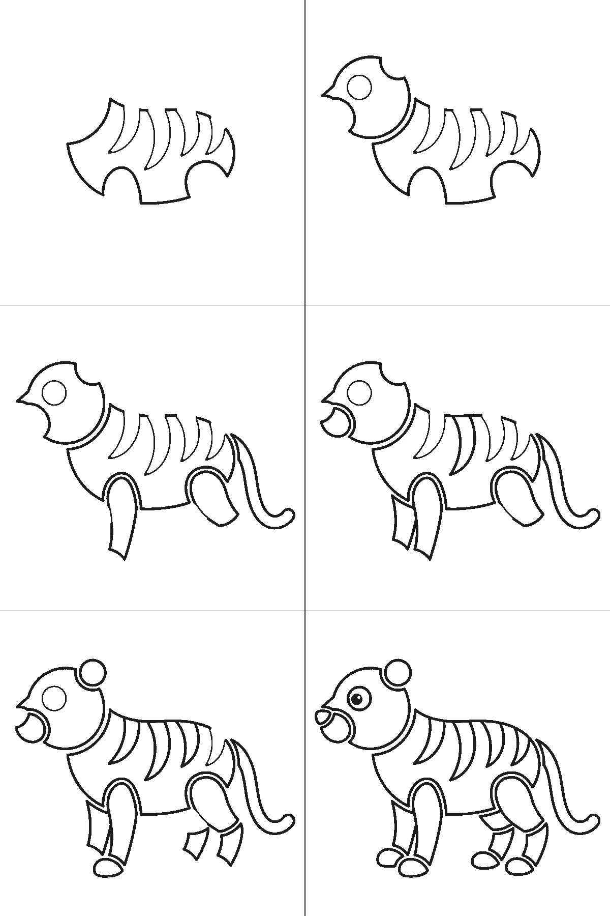Schritt-für-Schritt-Blatt mit sechs nummerierten Feldern: ein stehender Tiger im Profil mit rundem Maulfeld, einem Ohr, gebogenen Streifen über Rücken und Flanke, vier Beinen mit Pfoten und einem langen Schwanz. Jedes Feld übernimmt die Linien des vorherigen und fügt neue hinzu, schwarze Linien auf weißem Grund.