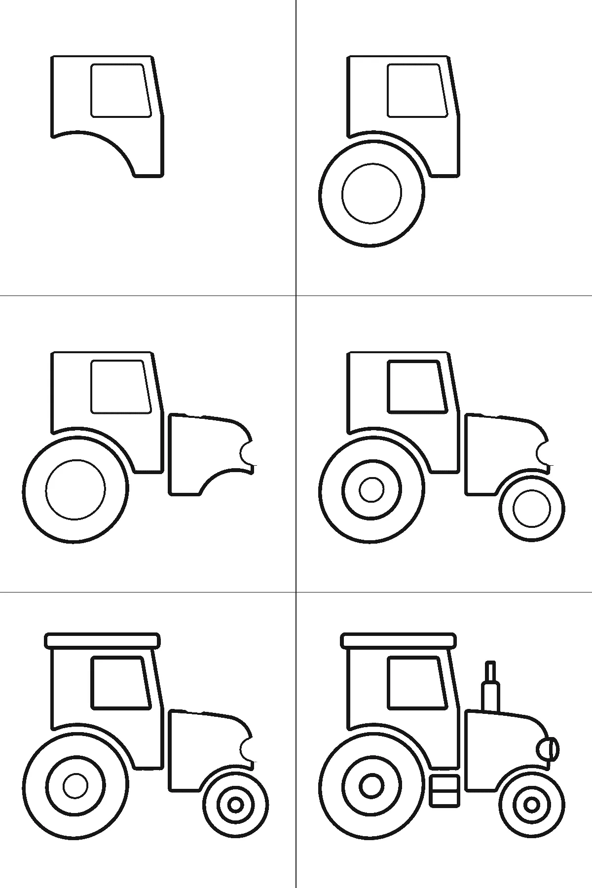Schritt-für-Schritt-Blatt mit sechs nummerierten Feldern: ein Traktor von der Seite mit Kabine und großem Fenster, Motorhaube, Auspuff, rundem Scheinwerfer, einem sehr großen Hinterrad und einem kleineren Vorderrad. Jedes Feld übernimmt die Linien des vorherigen und fügt neue hinzu, schwarze Linien auf weißem Grund.