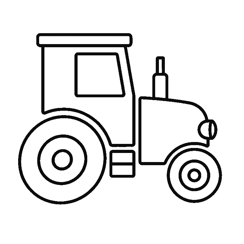 Schritt-für-Schritt-Blatt mit sechs nummerierten Feldern: ein Traktor von der Seite mit Kabine und großem Fenster, Motorhaube, Auspuff, rundem Scheinwerfer, einem sehr großen Hinterrad und einem kleineren Vorderrad. Jedes Feld übernimmt die Linien des vorherigen und fügt neue hinzu, schwarze Linien auf weißem Grund.