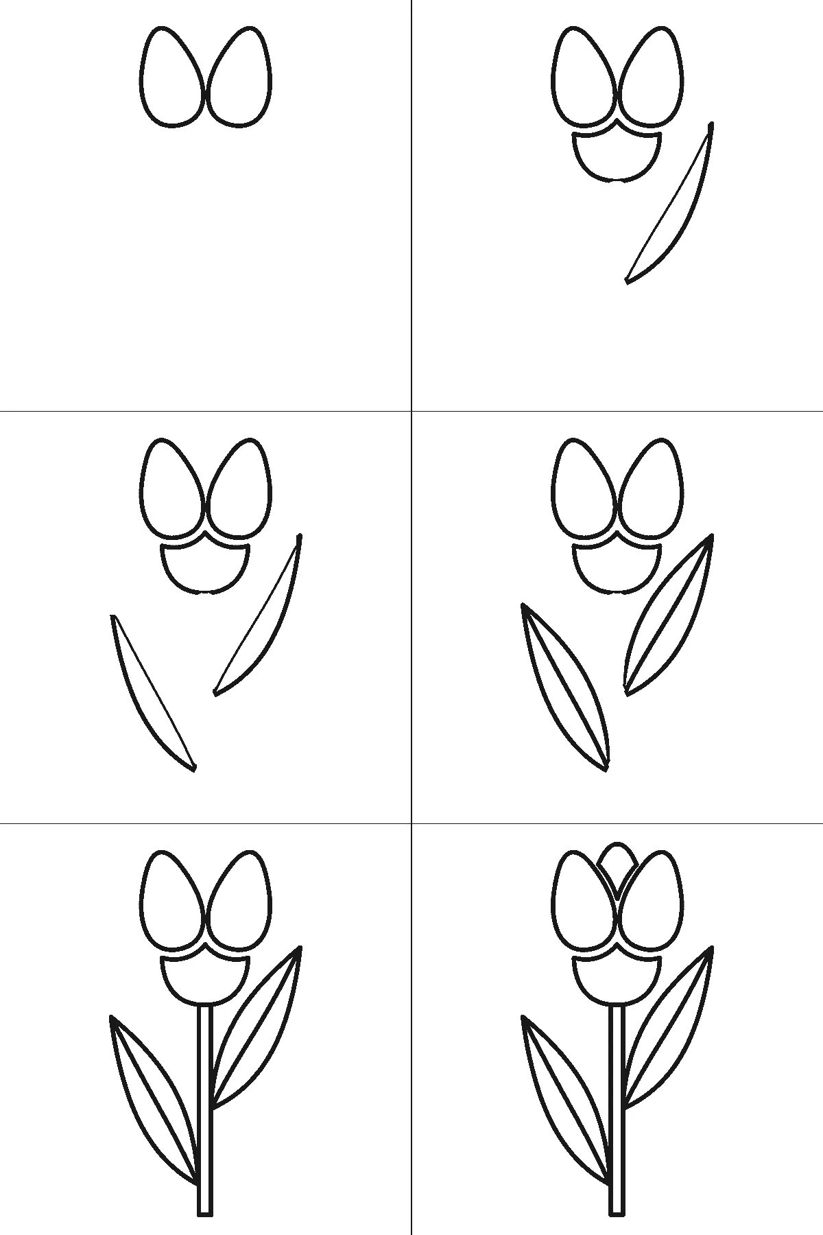 Schritt-für-Schritt-Blatt mit sechs nummerierten Feldern: eine Tulpe mit drei gerundeten Blütenblättern, becherförmigem Ansatz, geradem Stängel und zwei langen Blättern mit Mittelrippe. Jedes Feld übernimmt die Linien des vorherigen und fügt neue hinzu, schwarze Linien auf weißem Grund.