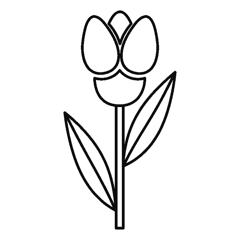 Schritt-für-Schritt-Blatt mit sechs nummerierten Feldern: eine Tulpe mit drei gerundeten Blütenblättern, becherförmigem Ansatz, geradem Stängel und zwei langen Blättern mit Mittelrippe. Jedes Feld übernimmt die Linien des vorherigen und fügt neue hinzu, schwarze Linien auf weißem Grund.