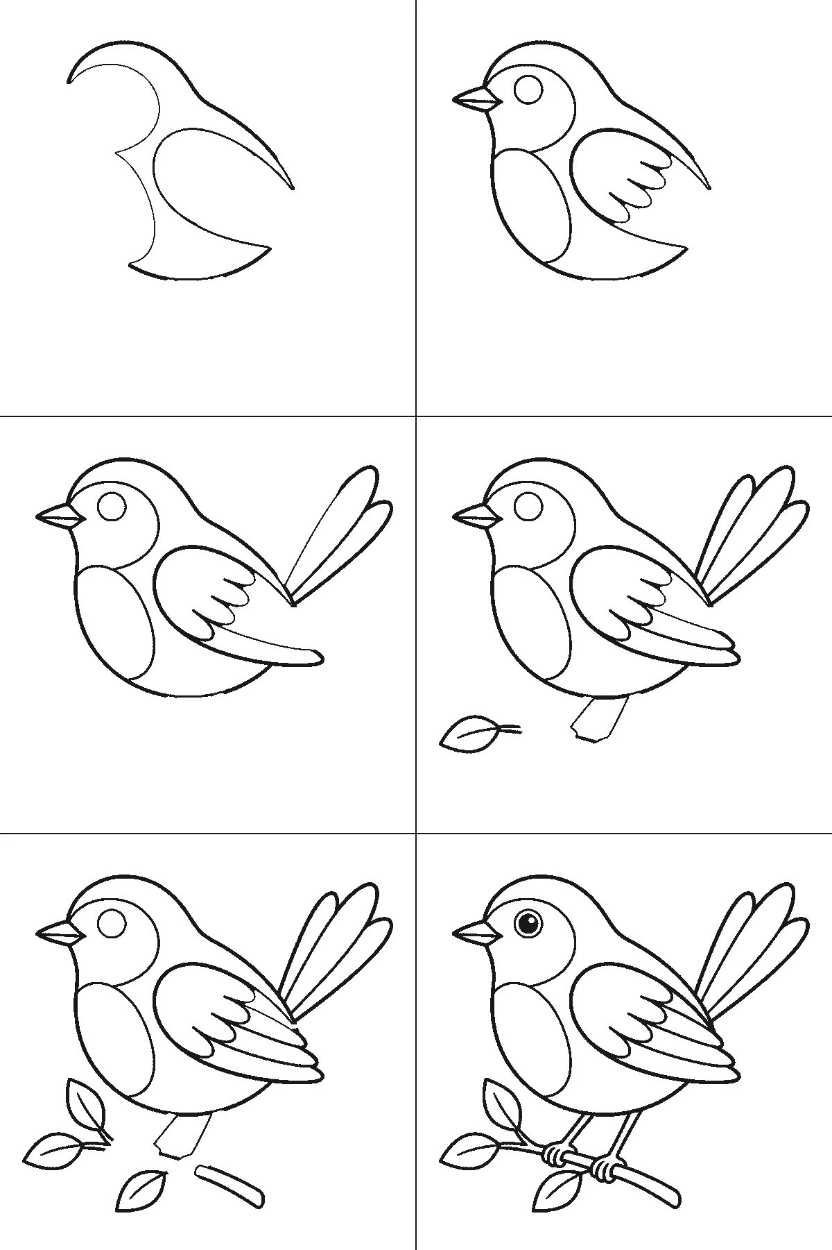 Schritt-für-Schritt-Blatt mit sechs nummerierten Feldern: ein rundlicher Singvogel auf einem Zweig im Profil, mit kurzem Schnabel, abgesetztem Bauchfeld, gefiedertem Flügel und gefächertem Schwanz. Jedes Feld übernimmt die Linien des vorherigen und fügt neue hinzu, schwarze Linien auf weißem Grund.