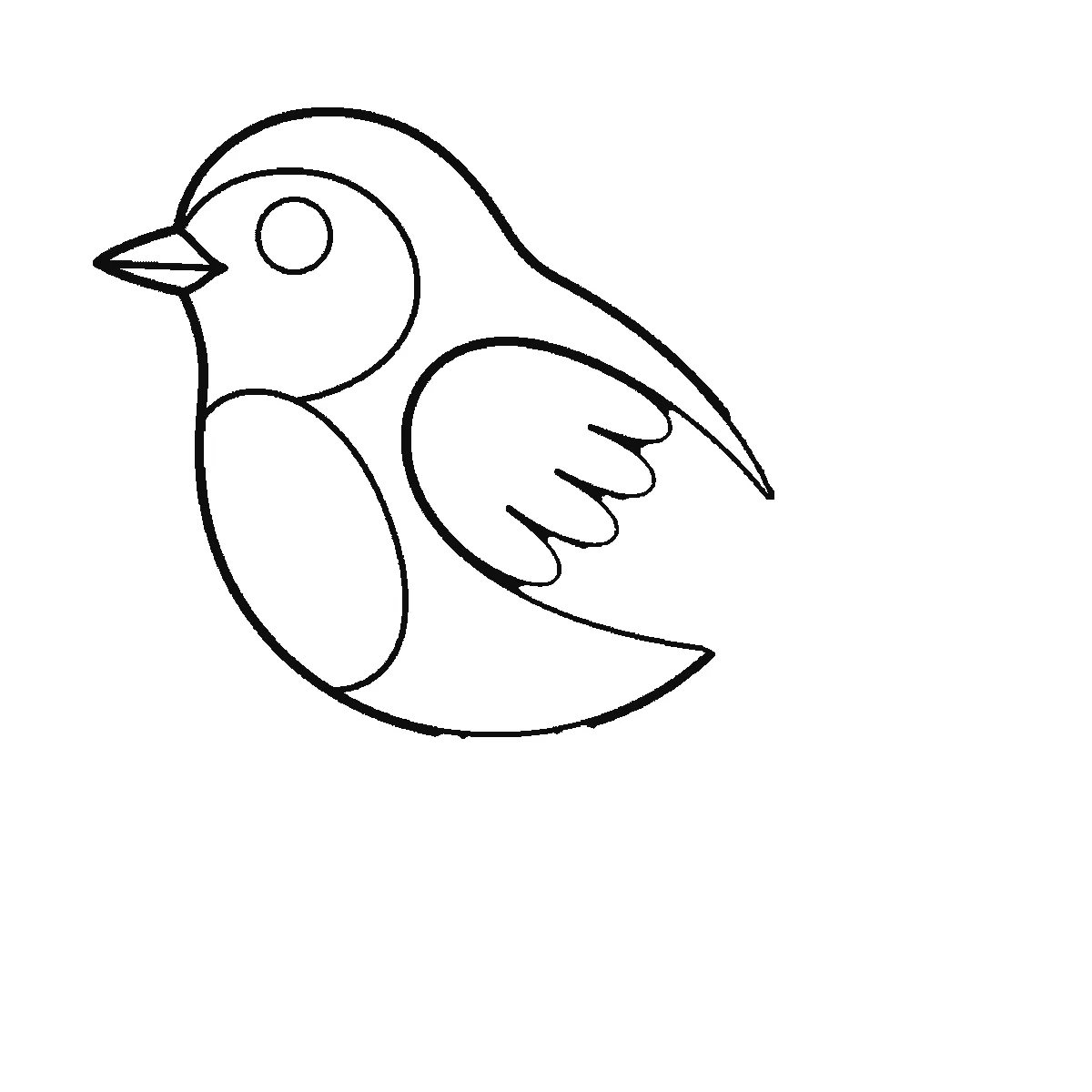 Schritt 2 von 6 — Zeichnung eines Vogels, schwarze Linien auf weißem Grund