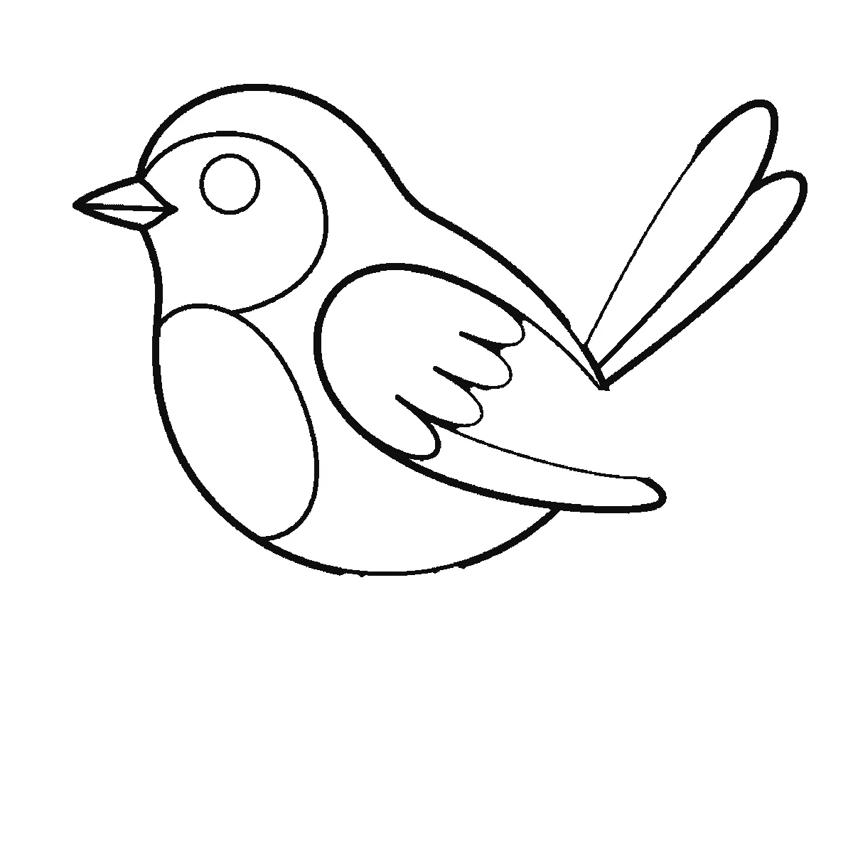 Schritt 3 von 6 — Zeichnung eines Vogels, schwarze Linien auf weißem Grund