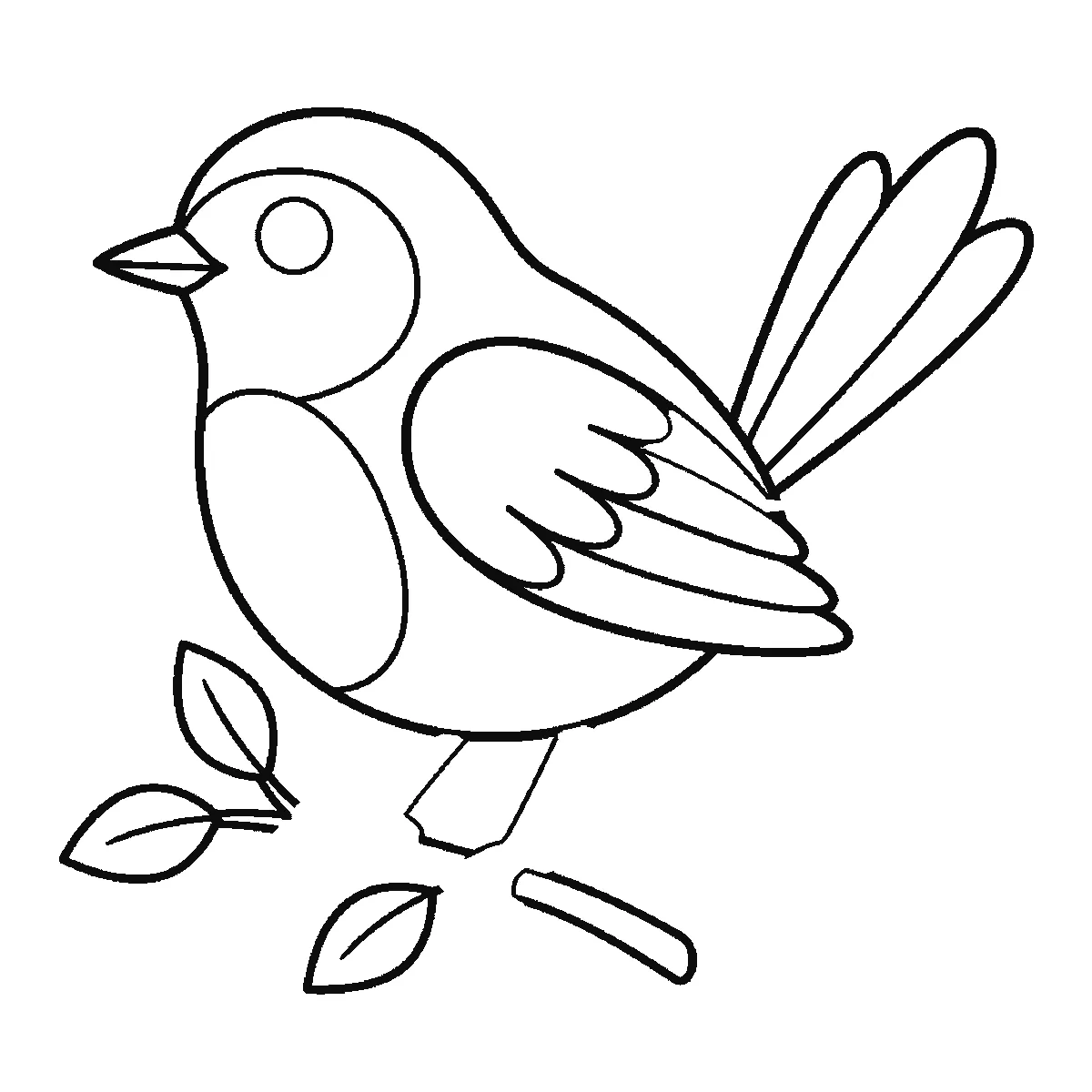 Schritt 5 von 6 — Zeichnung eines Vogels, schwarze Linien auf weißem Grund