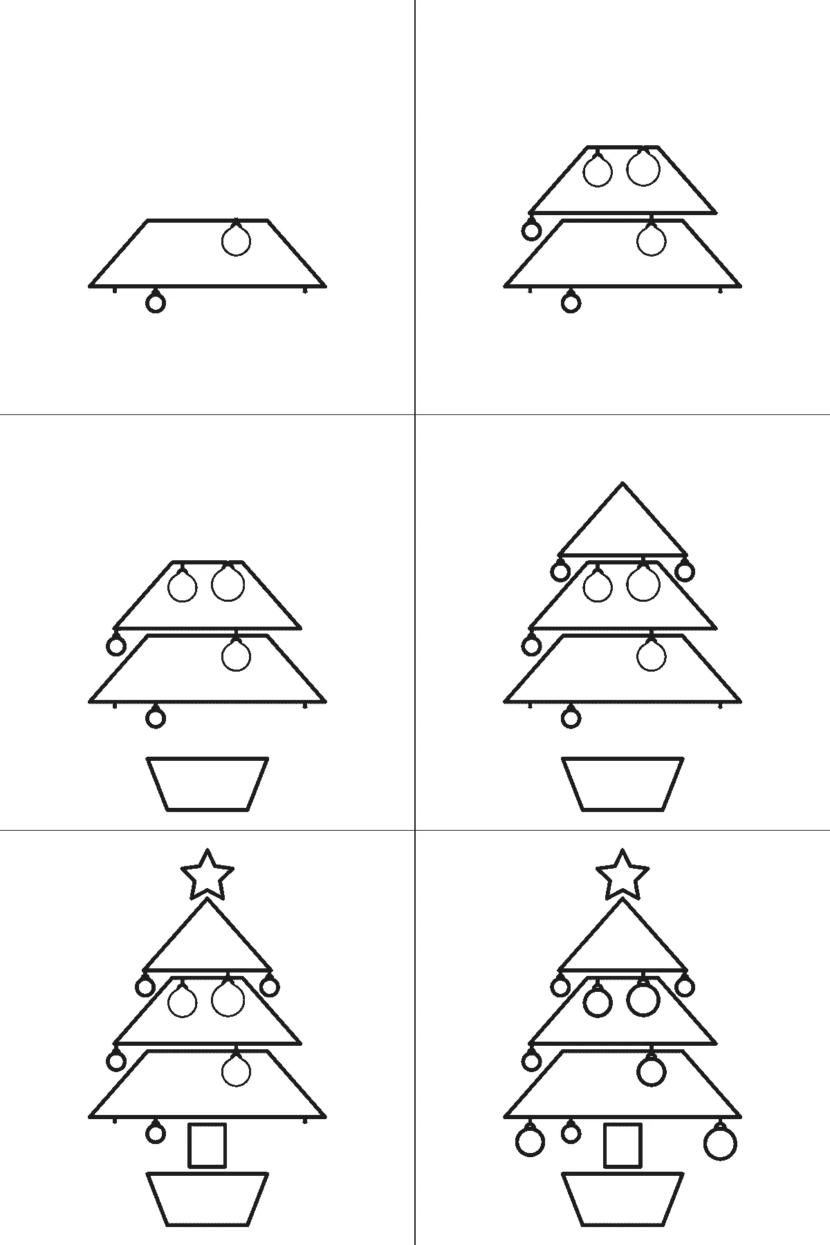 Schritt-für-Schritt-Blatt mit sechs nummerierten Feldern: ein Weihnachtsbaum aus drei gestapelten Etagen mit Girlanden und Kugeln, einem Stern an der Spitze, einem Stamm und einem Topf. Jedes Feld übernimmt die Linien des vorherigen und fügt neue hinzu, schwarze Linien auf weißem Grund.