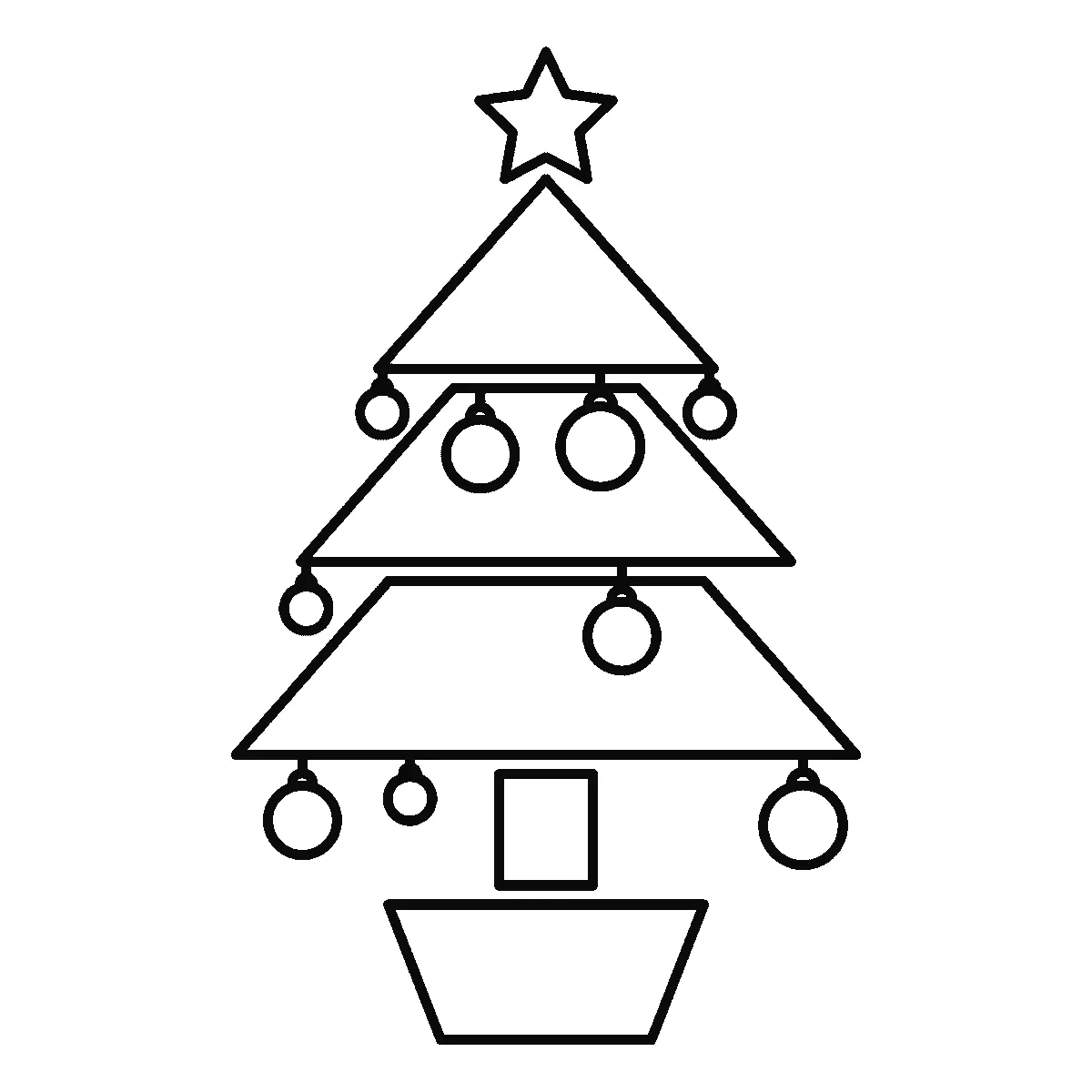 Schritt 6 von 6 — Zeichnung eines Weihnachtsbaums, schwarze Linien auf weißem Grund